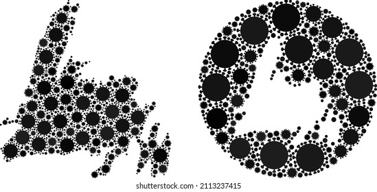 Vector collage Newfoundland Island map of flu virus icons. Mosaic geographic Newfoundland Island map designed as subtraction from circle with flu virus elements in black color hues.