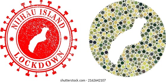 Vector collage Niihau Island map of viral icons and grunge LOCKDOWN seal stamp.