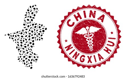 Vector collage Ningxia Hui Region map and red round grunge stamp watermark with clinic symbol. Ningxia Hui Region map collage constructed with oval items. Red rounded serpents seal stamp,