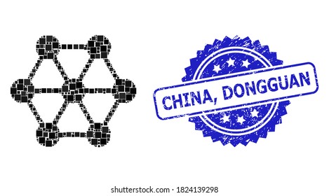 Vector collage node connections, and China, Dongguan dirty rosette seal. Blue seal contains China, Dongguan tag inside rosette. Square spots are composed into abstract collage node connections icon.