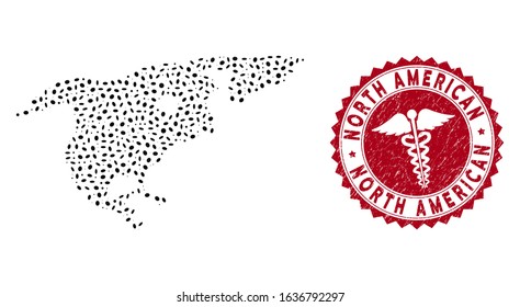 Vector collage North America map and red rounded grunge stamp seal with medic symbol. North America map collage formed with ellipse spots. Red rounded doctor seal stamp, with grunge texture.