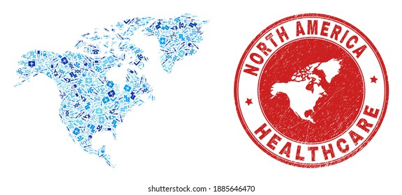 Vector collage North America map of healthcare icons, medicine symbols, and grunge healthcare seal. Red round seal with grunge rubber texture and North America map word and map.