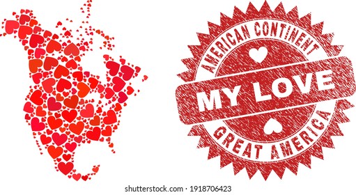 Collage vectorial de Norteamérica v2 mapa de artículos del corazón de amor y estampado de Mi amor. Mapa geográfico mosaico de América del Norte v2 diseñado con corazones de amor.