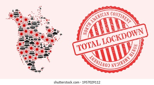 Vector collage North America v2 map of SARS virus, masked men and red grunge lockdown seal stamp. Virus particles and people in masks inside North America v2 map.
