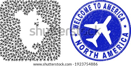 Vector collage North America v2 map of aero elements and grunge Welcome seal stamp. Collage geographic North America v2 map created as carved shape from rounded square shape using airliners.