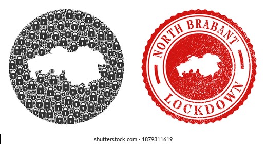 Vector collage North Brabant Province map of locks and grunge LOCKDOWN stamp. Mosaic geographic North Brabant Province map constructed as carved shape from round shape with black locks.