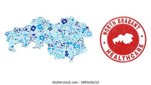 Vector collage North Brabant Province map with injection icons, test symbols, and grunge doctor rubber imitation.