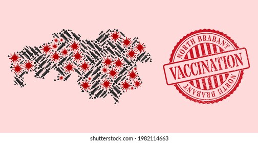 Vektorgrafik der Nordbrabant-Provinzkarte für das Korona-Virus, Impfsymbole und rote Grunge-Impfstempel. Viruszellen und Spritzenartikel in der Landkarte der Provinz Nordbrabant.