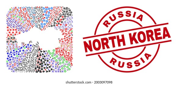 Vector collage North Brabant Province map of different icons and Russia North Korea seal. Collage North Brabant Province map created as carved shape from rounded square shape.