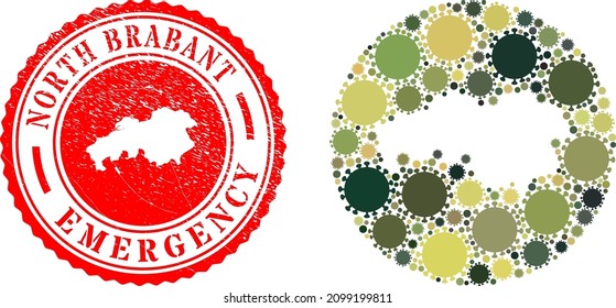 Colgador de vectores en la Provincia de Brabante Norte mapa de iconos de virus y sello de sellado de EMERGENCIA grunge.