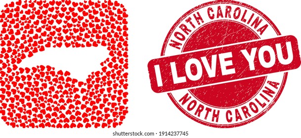 Vector collage North Carolina State map of love heart elements and grunge love stamp. Mosaic geographic North Carolina State map designed as stencil from rounded square shape with love hearts.