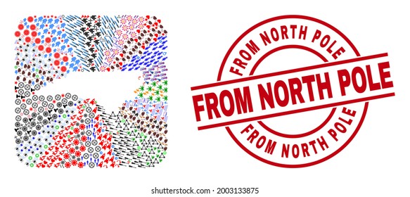 Vector collage North Carolina State map of different symbols and From North Pole stamp. Mosaic North Carolina State map designed as carved shape from rounded square shape.