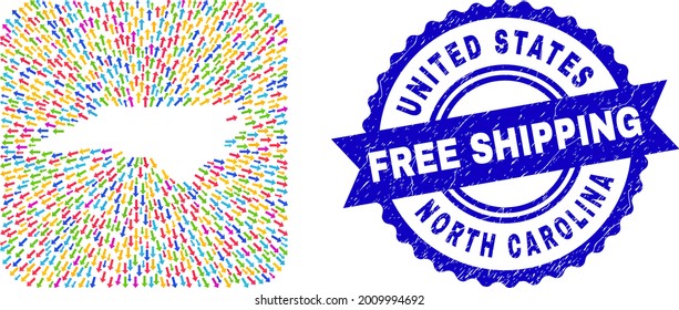 Vector collage North Carolina State map of emigration arrows and scratched Free Shipping stamp. Collage North Carolina State map designed as carved shape from rounded square shape with arrows.