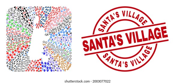 Vector Collage North Holland Map Of Different Icons And Santa'S Village Seal Stamp. Collage North Holland Map Created As Subtraction From Rounded Square. Red Round Badge With Santa'S Village Text.