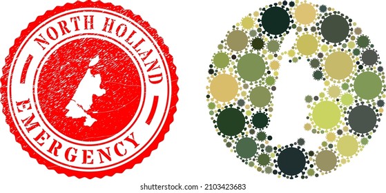 Vector collage North Holland map of covid elements and grunge EMERGENCY badge.
