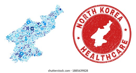 Vector collage North Korea map with syringe icons, receipt symbols, and grunge healthcare rubber imitation. Red round stamp with unclean rubber texture and North Korea map caption and map.
