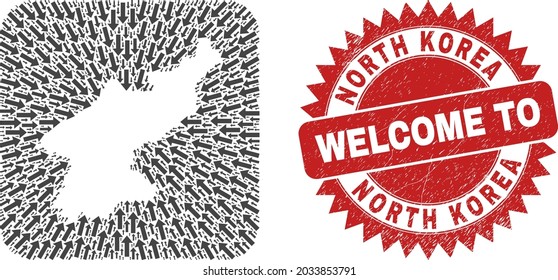 Vector collage North Korea map of pointer arrows and rubber Welcome stamp. Collage geographic North Korea map created as stencil from rounded square with motion arrows.