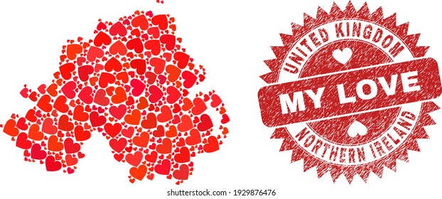 Vector collage Northern Ireland map of valentine heart items and grunge My Love badge. Collage geographic Northern Ireland map designed with valentine hearts.