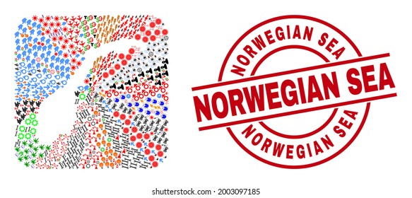 Mapa de Noruega de colección de vectores de diferentes íconos y sello del Mar Noruego. Mapa de Noruega mosaico construido como un agujero de la plaza redonda. Sello rojo redondo con palabra del mar noruego.