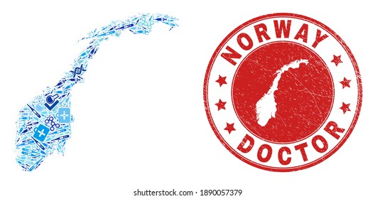 Vector collage Norway map with syringe icons, analysis symbols, and grunge doctor rubber imitation. Red round stamp with unclean rubber texture and Norway map word and map.