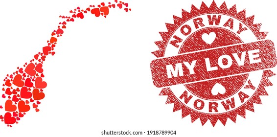 Vektorgrafik Norwegen Karte von valentinischen Herzstücken und Grunge My Love Badge. Collage geographische norwegische Karte mit valentinischen Herzen konstruiert.