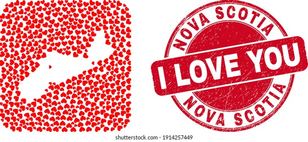 Vector collage Nova Scotia Province map of valentine heart elements and grunge love seal stamp.