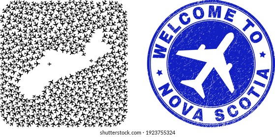 Vector collage Nova Scotia Province map of trip items and grunge Welcome seal stamp. Collage geographic Nova Scotia Province map constructed as carved shape from rounded square with aeroplanes.