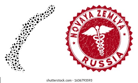 Vector collage Novaya Zemlya Islands map and red rounded rubber stamp watermark with caduceus sign. Novaya Zemlya Islands map collage composed with elliptic items. Red rounded doctor seal stamp,