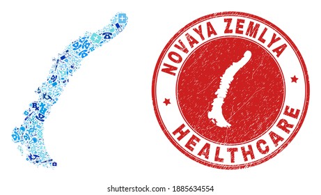 Vector collage Novaya Zemlya Islands map with dose icons, first aid symbols, and grunge doctor rubber imitation. Red round stamp with unclean rubber texture and Novaya Zemlya Islands map word and map.