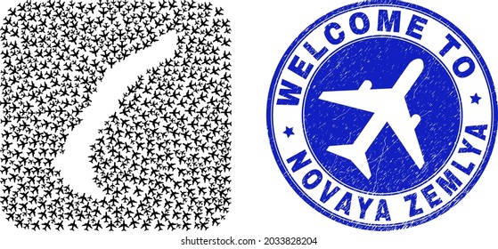 Vector collage Novaya Zemlya Islands map of aeroplane elements and grunge Welcome seal stamp.
