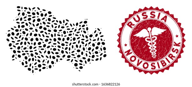 Vector collage Novosibirsk Region map and red round grunge stamp watermark with clinic icon. Novosibirsk Region map collage formed with elliptic elements. Red round health care stamp,