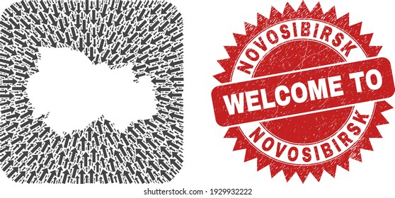 Vector collage Novosibirsk Region map of movement arrows and scratched Welcome seal stamp.