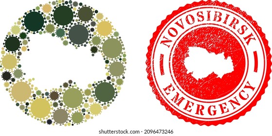 Vector collage Novosibirsk Region map of SARS virus elements and grunge EMERGENCY stamp.