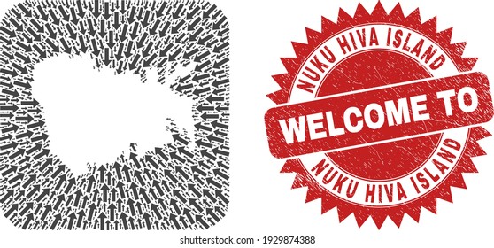 Vector collage Nuku Hiva Island map of migration arrows and scratched Welcome seal stamp.