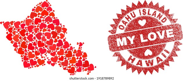 Vector collage Oahu Island map of valentine heart items and grunge My Love badge. Collage geographic Oahu Island map constructed with valentine hearts.