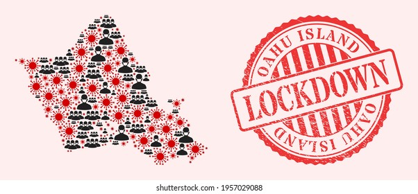 Vector collage Oahu Island map of SARS virus, masked men and red grunge lockdown seal stamp. Virus items and men in masks inside Oahu Island map.