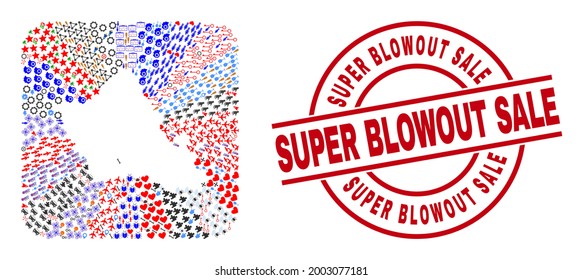 Vector collage Oahu Island map of different pictograms and Super Blowout Sale seal. Collage Oahu Island map designed as carved shape from rounded square. Red round seal with Super Blowout Sale tag.