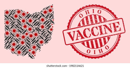 Vector collage Ohio State map of SARS virus, dose icons, and red grunge vaccine seal stamp. Virus elements and dose needles inside Ohio State map.