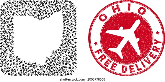 Vector collage Ohio State map of aircraft items and grunge Free Delivery seal stamp. Collage geographic Ohio State map created as carved shape from rounded square with moving out aviation items.