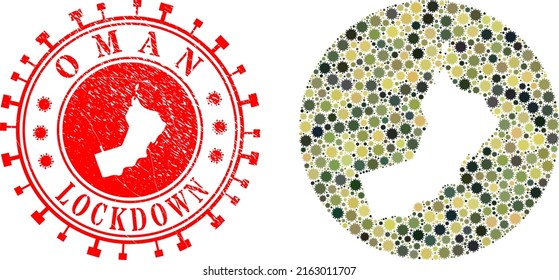 Collage de vectores Mapa de Omán de los ítems del virus cóvido y estampado LOCKDOWN de grunge. Mapa mosaico geográfico de Omán creado como agujero de forma redonda con ítems del virus cóvido en colores del ejército de camo.