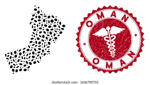 Vector collage Oman map and red rounded rubber stamp seal with caduceus symbol. Oman map collage constructed with elliptic spots. Red rounded caduceus seal stamp, with grunge texture.