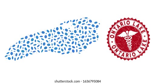 Vector collage Ontario Lake map and red round distressed stamp seal with medic icon. Ontario Lake map collage designed with ellipse items. Red round medicine stamp, with unclean texture.