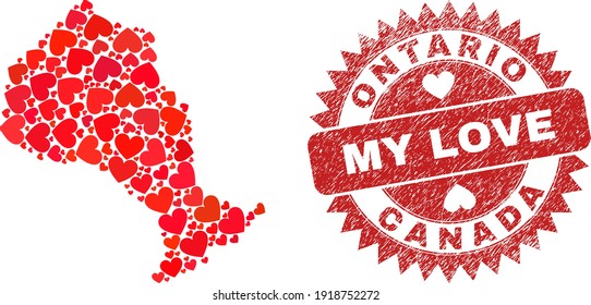 Vector collage Ontario Province map of love heart elements and grunge My Love badge. Mosaic geographic Ontario Province map designed with love hearts.