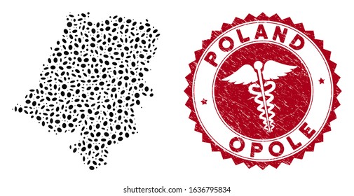 Vector collage Opole Voivodeship map and red rounded rubber stamp seal with medicine symbol. Opole Voivodeship map collage composed with elliptic spots. Red rounded clinic seal stamp,