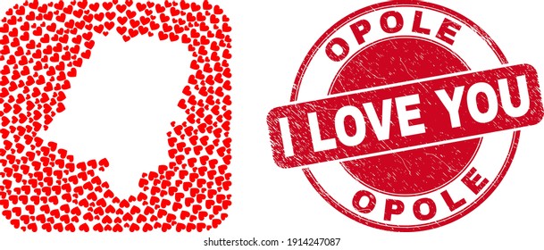Vector collage Opole Voivodeship map of valentine heart elements and grunge love stamp. Collage geographic Opole Voivodeship map designed as carved shape from rounded square shape with lovely hearts.