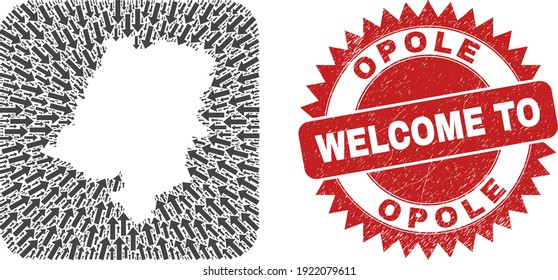 Vector collage Opole Voivodeship map of navigation arrows and rubber Welcome badge. Collage geographic Opole Voivodeship map constructed as carved shape from rounded square shape using motion arrows.