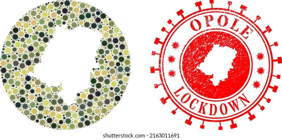 Vector collage Opole Voivodeship map of flu virus items and grunge LOCKDOWN stamp.