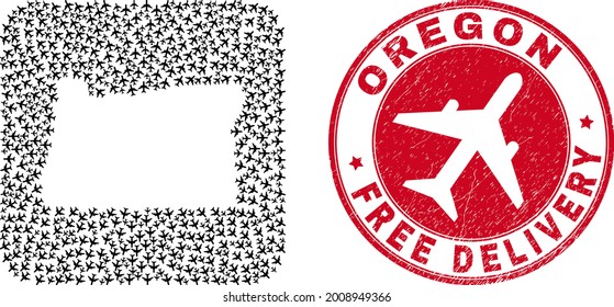 Vector collage Oregon State map of airliner items and grunge Free Delivery stamp. Collage geographic Oregon State map constructed as stencil from rounded square with moving out aircraft.