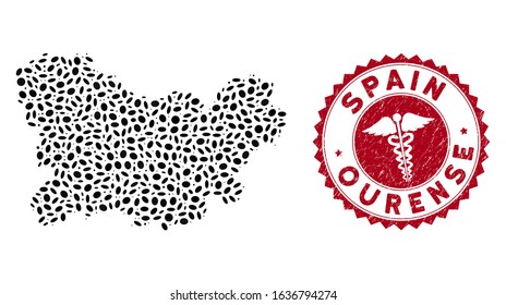 Vector collage Ourense Province map and red rounded grunge stamp watermark with medicine symbol. Ourense Province map collage formed with ellipse elements. Red rounded medicine seal stamp,