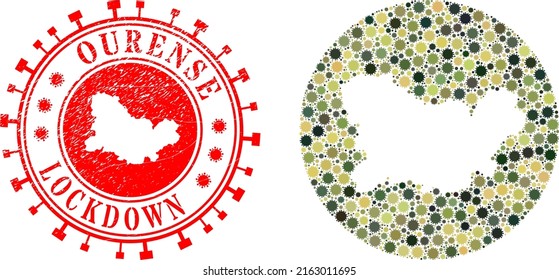 Vector collage Ourense Province map of sars virus icons and grunge LOCKDOWN seal stamp.